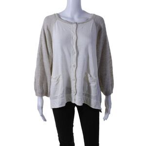 Tandem Womens Linen Blend Round Neck Button Up Cardigan Sweater Taupe Size M